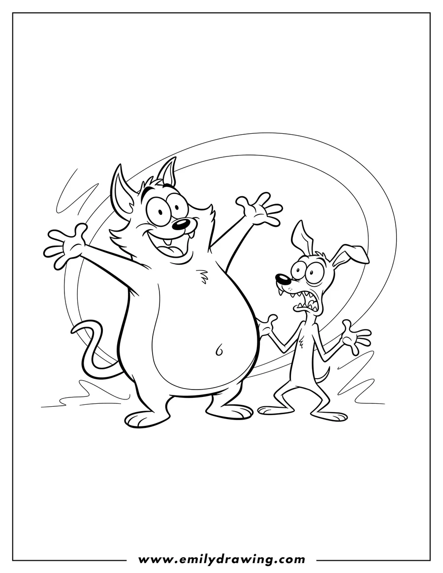 Coloring page for kids: nickelodeon Ren And Stimpy Show, Stimpy happy with tongue out, Ren shocked