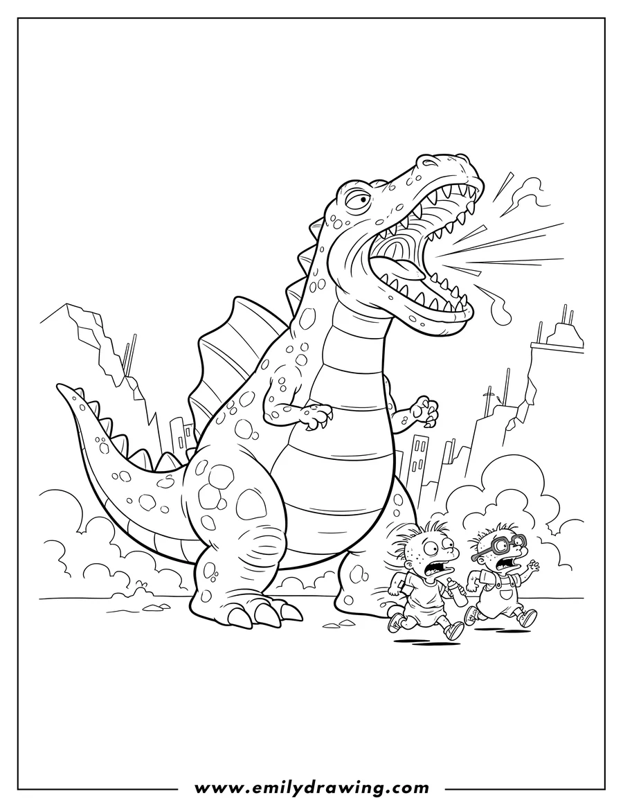 High quality printable reptar roaring and chasing screaming Chuckie and Tommy Rugrats for coloring