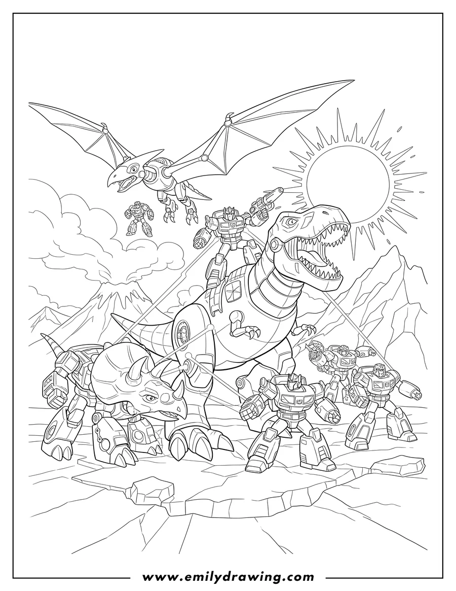 Printable line art of detailed Rescue Bots Assembled, T-Rex, Pterodactyl, and Triceratops in action