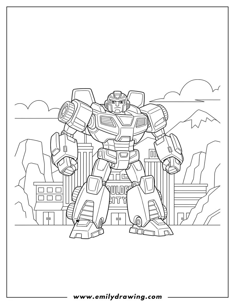 Black and white line art of detailed Rescue Bots Boulder City, standing ready for action