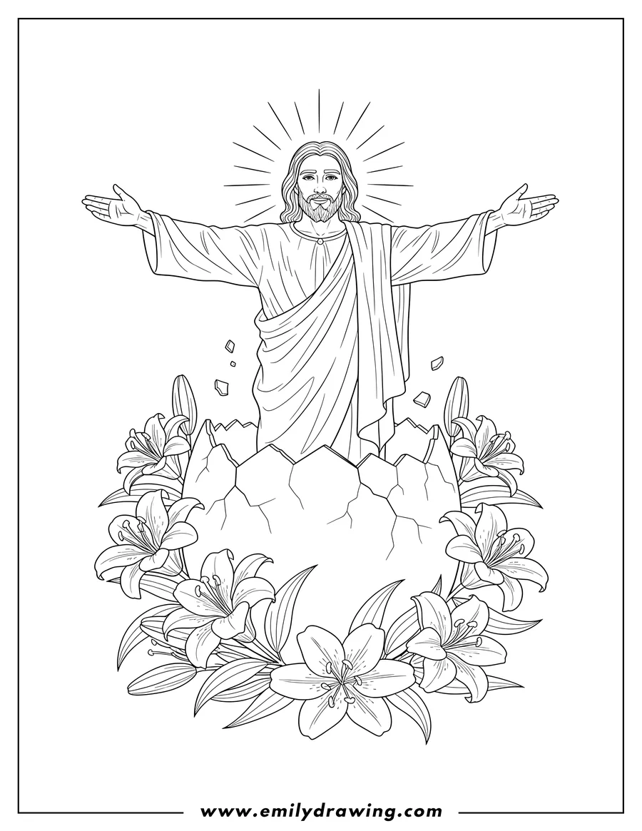 Free printable coloring sheet of resurrected Jesus with outstretched arms, emerging from a cracked Easter egg, surrounded by lilies