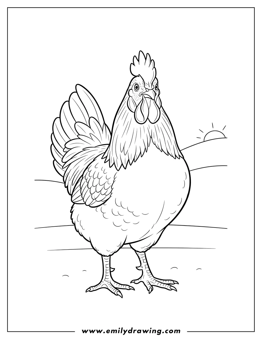 Clean line drawing: rhode Island Red chicken standing and looking forward