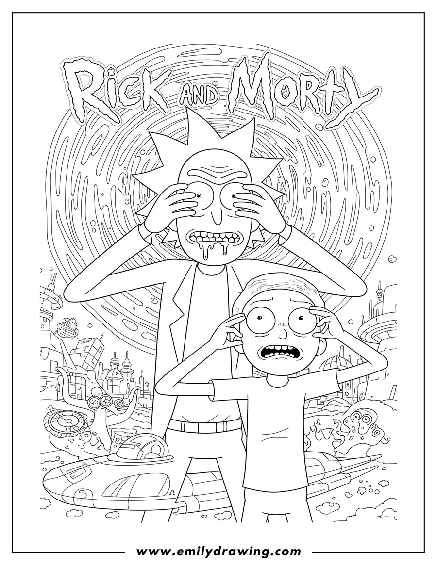 Simple sketch of detailed Rick And Morty Tv Poster Scaled, with Rick holding Morty's eyes open and drooling to color