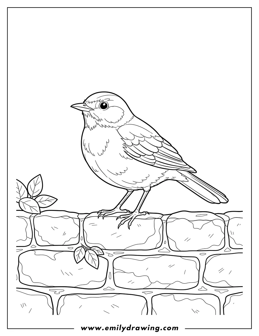 PDF style coloring page: [Scene]: Robin perched on a stone wall, looking left