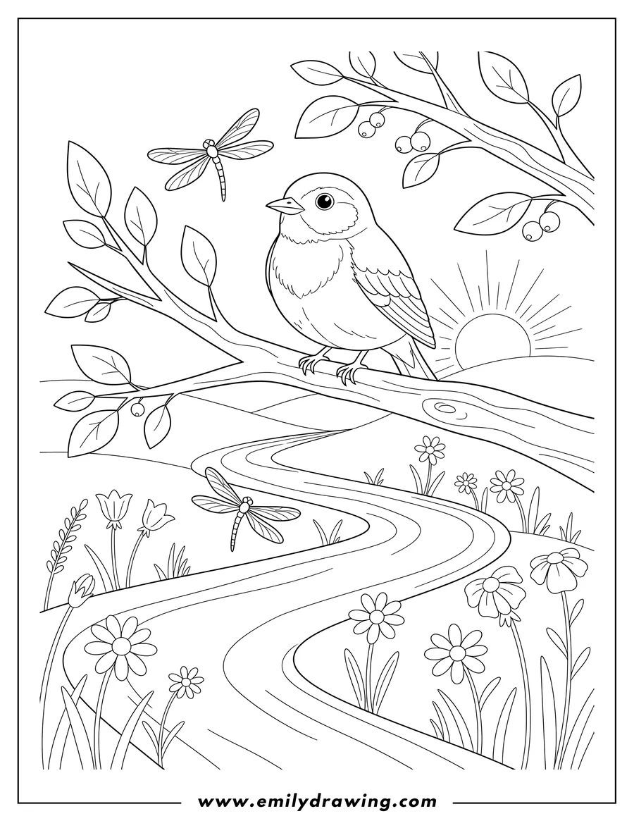 Simple sketch of robin Perched On Branch Overlooking Winding River With Two Flying Dragonflies And Wildflowers to color