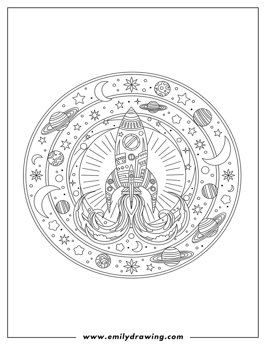 Linear illustration of detailed Rocket Mandala with a rocket emitting flames, planets, and stars