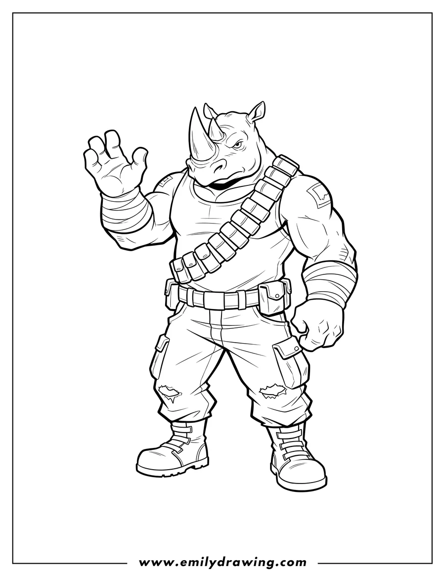 Coloring sheet featuring detailed Rocksteady standing with a raised hand and wearing a bandolier