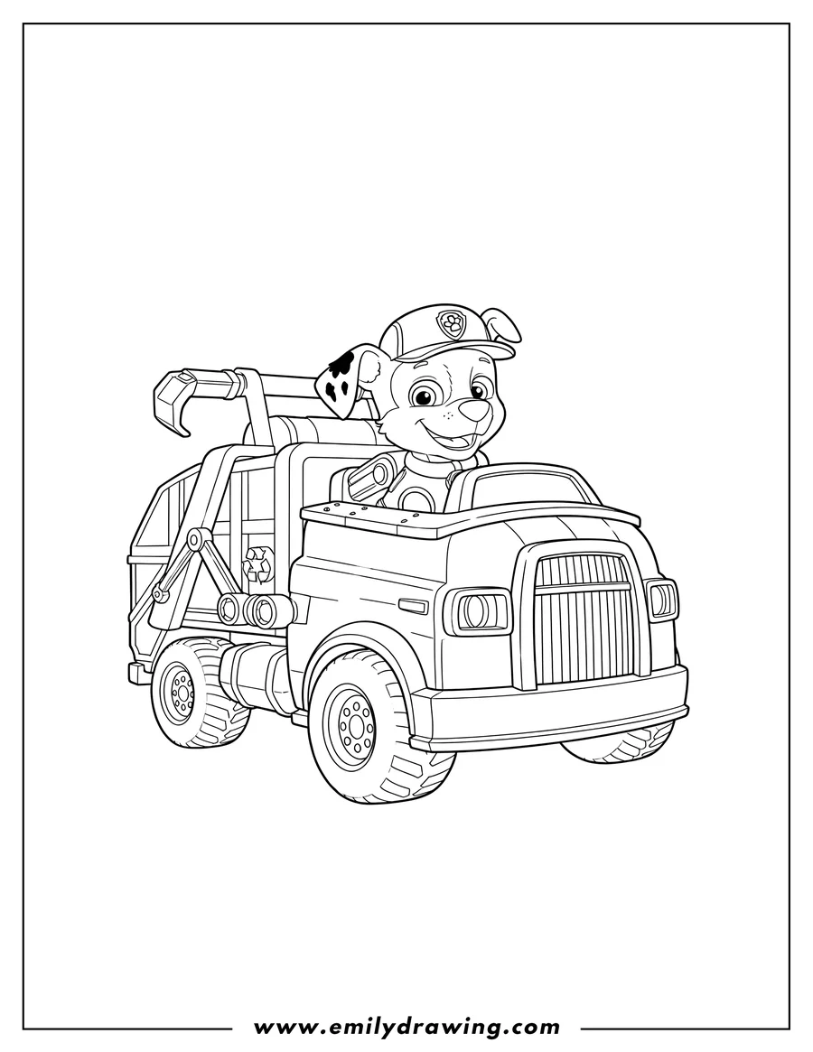 Coloring sheet featuring rocky From Paw Patrol smiling, sitting inside his Recycling Garbage Truck Scaled