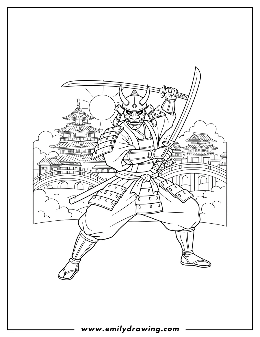 Free printable coloring sheet of detailed Ronin, masked and holding katanas, in a city