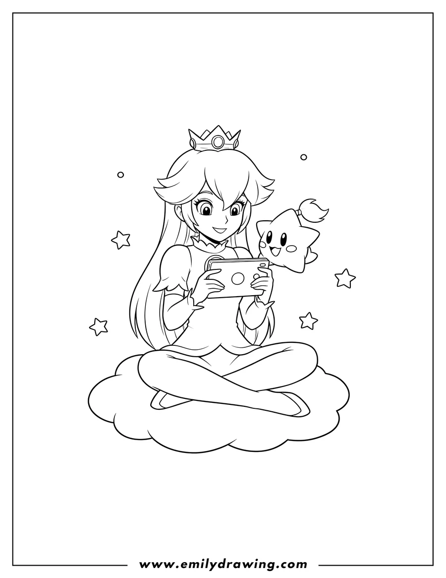 Full page coloring image of rosalina playing a handheld video game with a star Luma watching