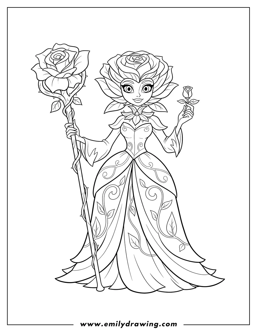 Full page coloring image of rose From Plants Vs Zombies holding a staff and a rosebud