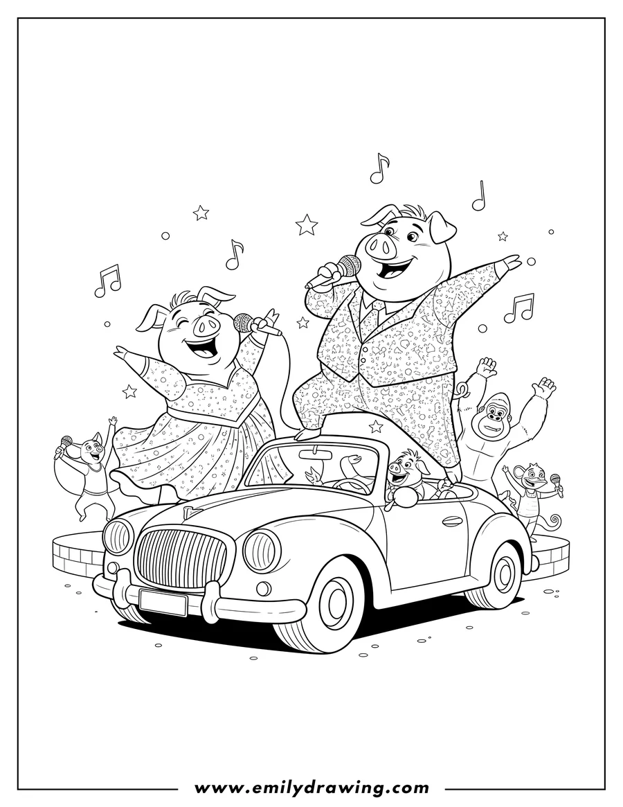 Coloring sheet featuring rosita, Gunter, and friends singing and dancing with microphones next to and on a car