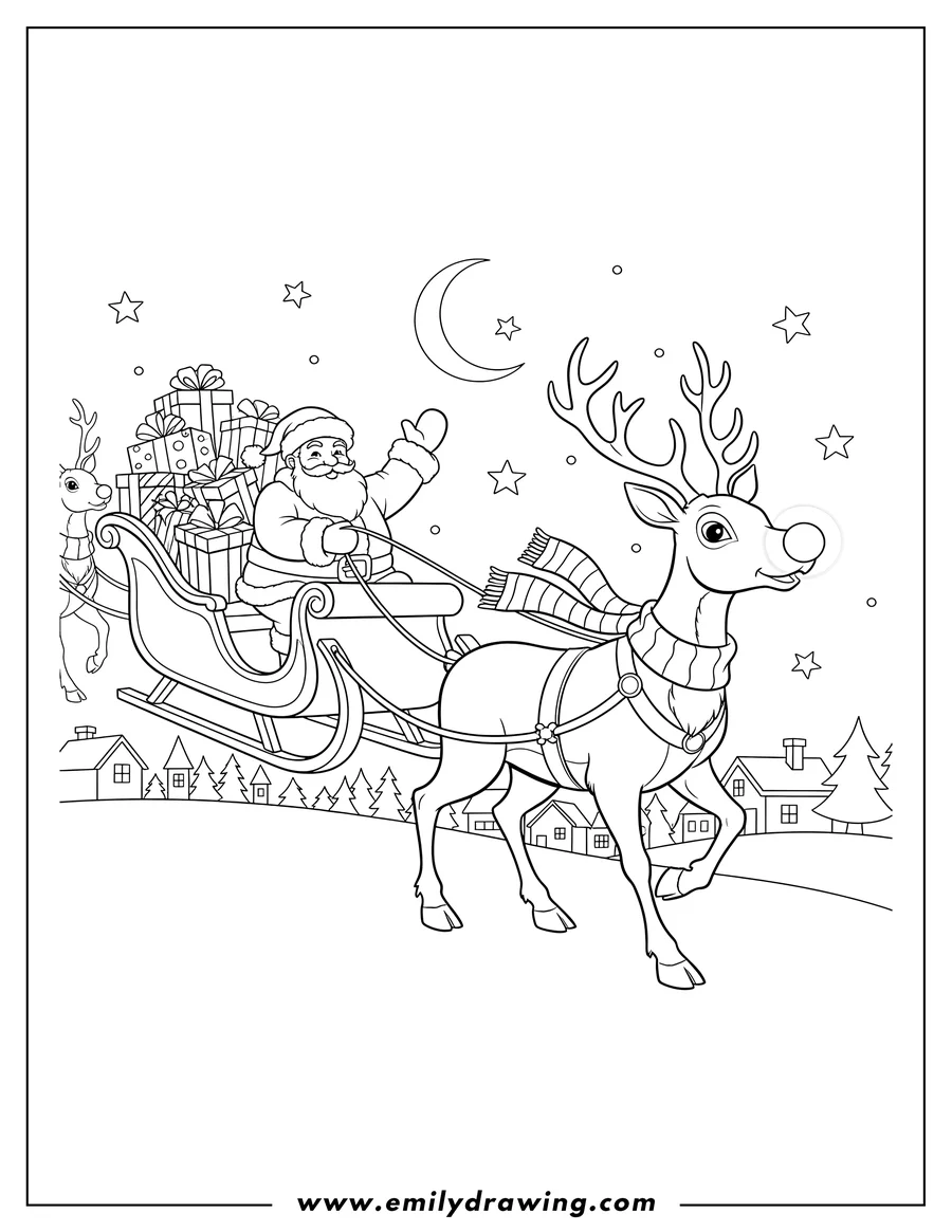 Linear illustration of rudolph Pulling Santa S Sleigh, with Santa waving, gifts, and the reindeer wearing a scarf