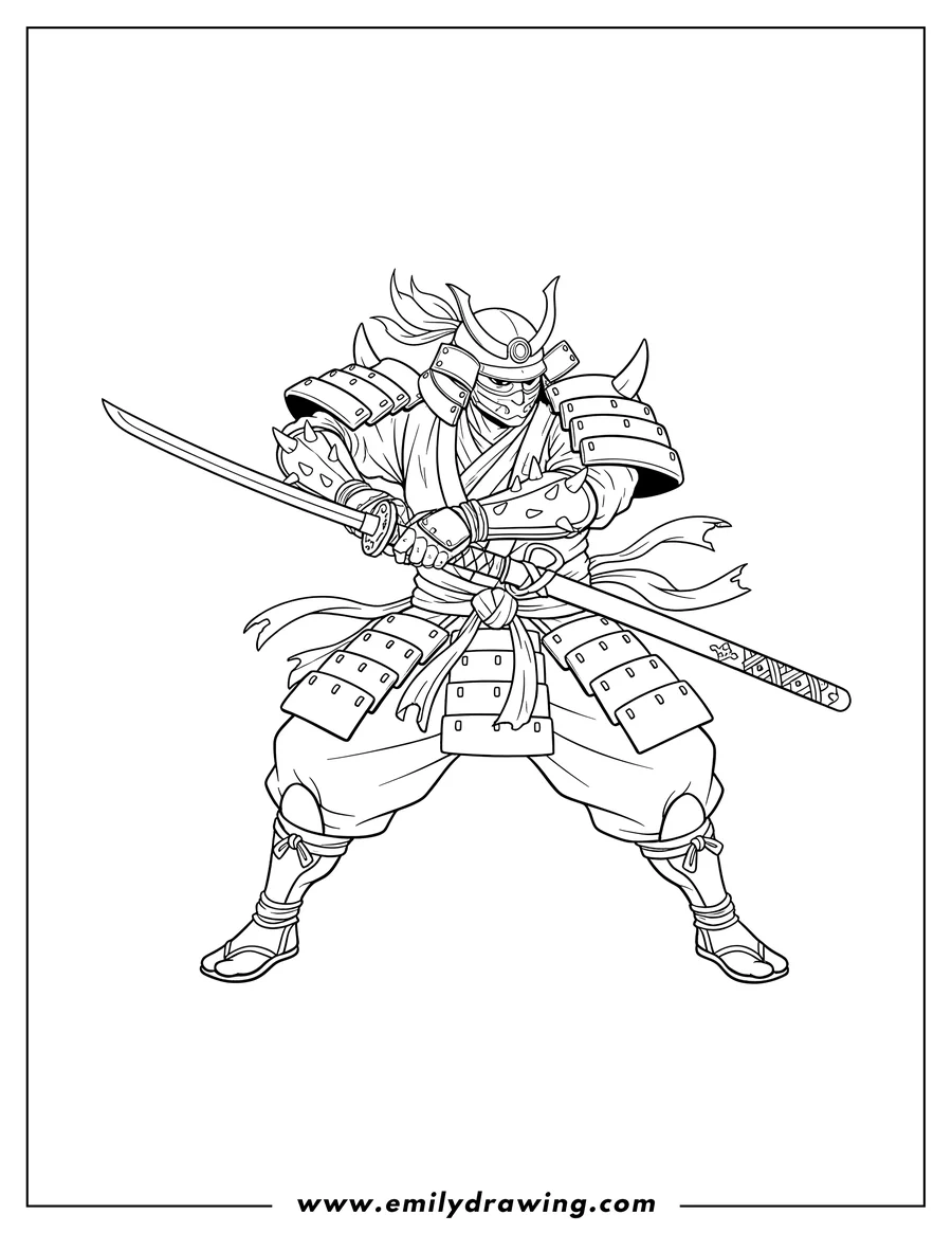 Coloring page for kids: samurai Genji Ninja Fighter drawing a katana with horned arm armor