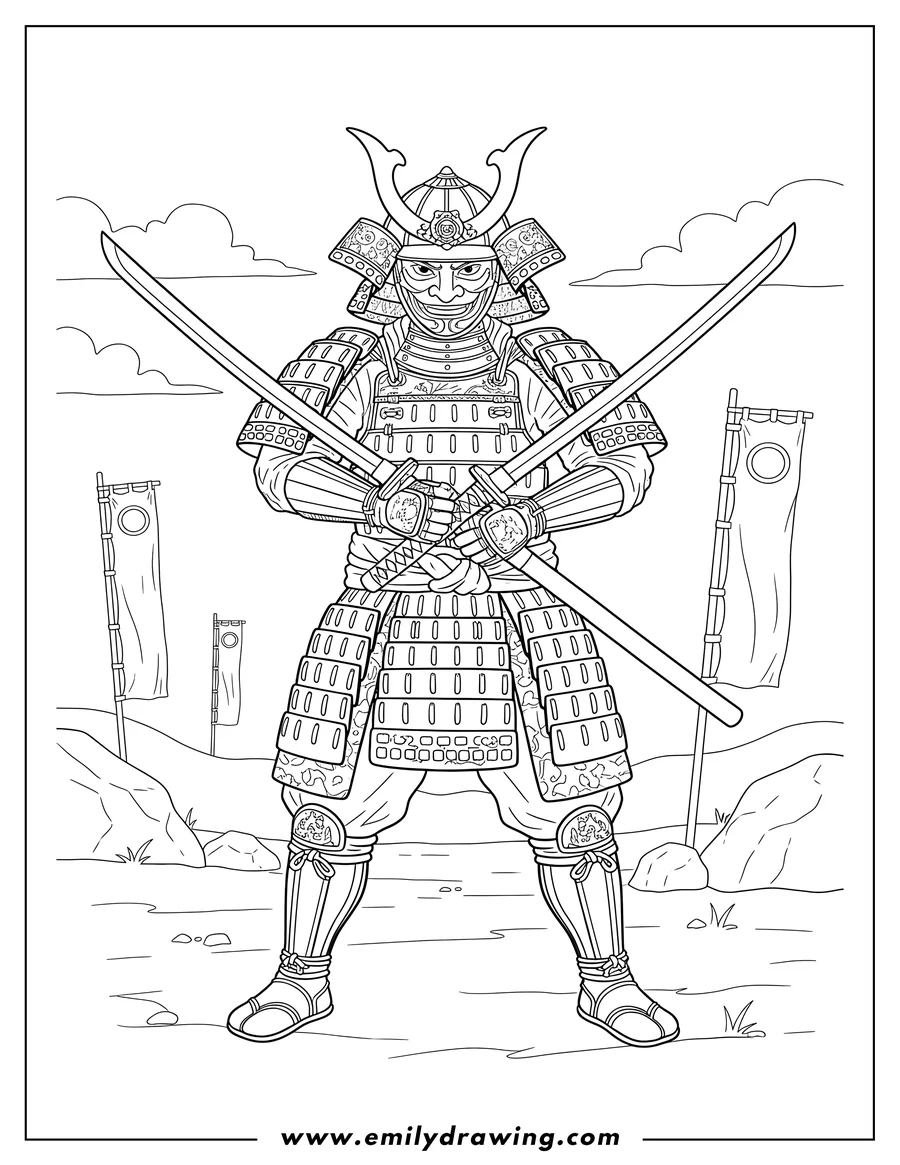 PDF style coloring page: samurai in ornate armor standing on a battlefield holding two swords