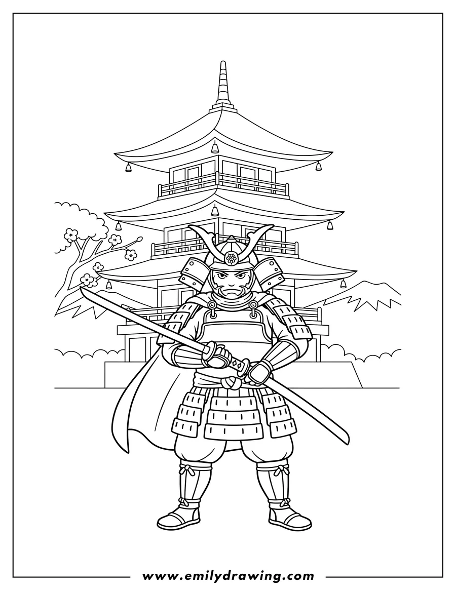 Free to print drawing of samurai warrior holding a sword in front of a pagoda