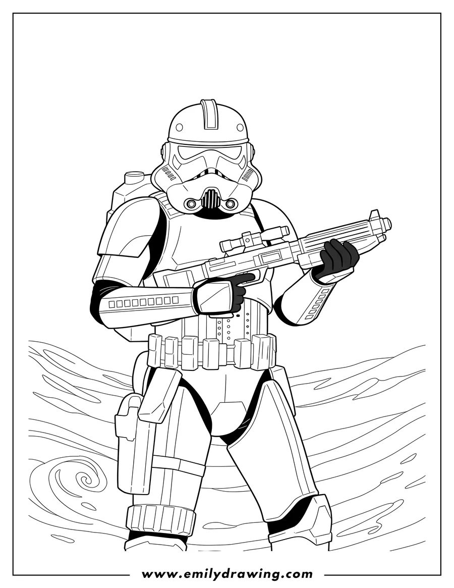 Black and white line art of sand Stormtrooper holding a blaster rifle