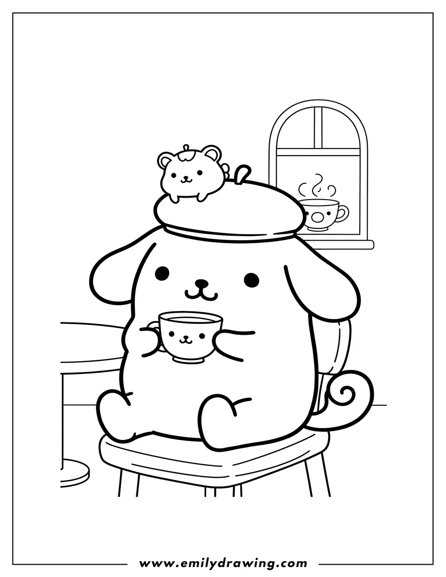 PDF style coloring page: sanrio Pompompurin wearing a beret, drinking tea from a cup with a smiling face, with Muffin sitting on his head