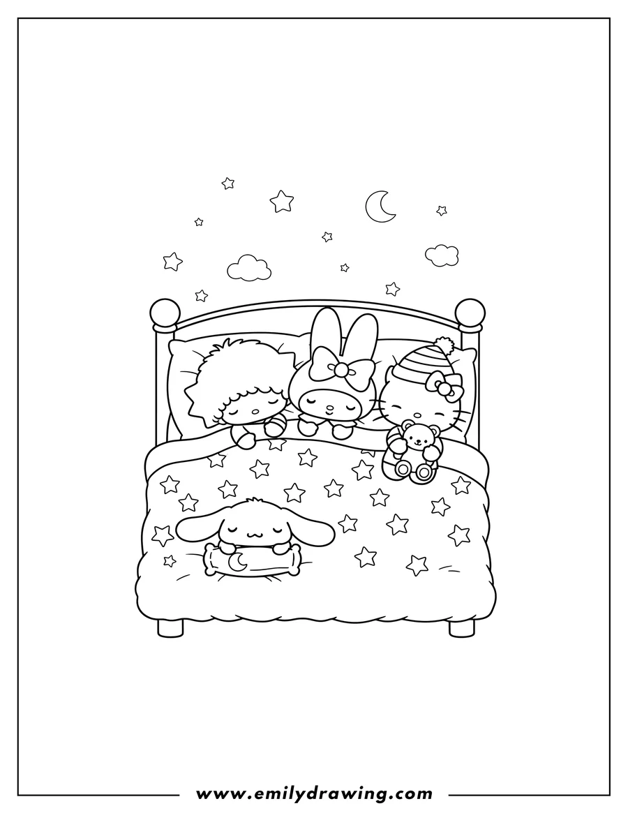 PDF style coloring page: sanrio Slumber Party With Little Twin Stars, Cinnamoroll, My Melody, and Hello Kitty sleeping soundly together