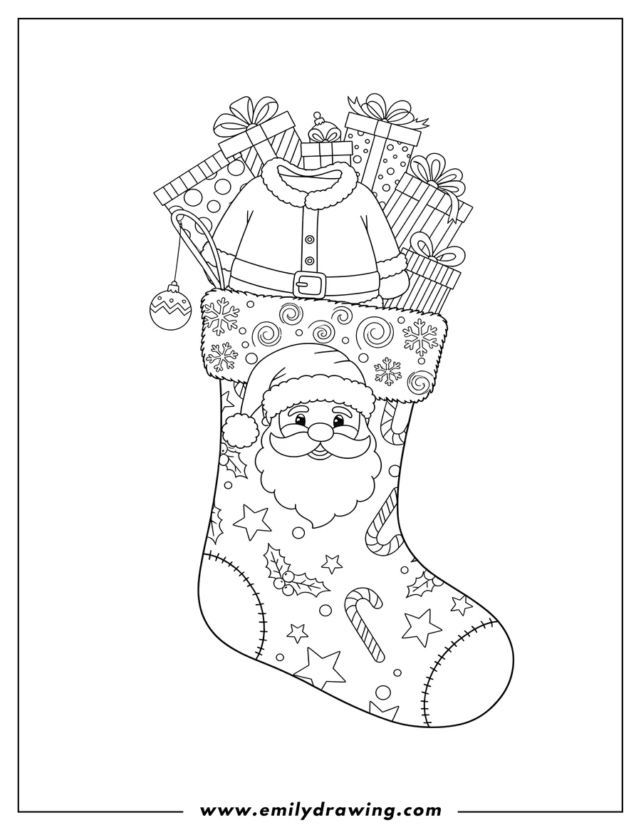 Black and white line art of santa Themed Christmas Stocking filled with Santa coats and gift boxes