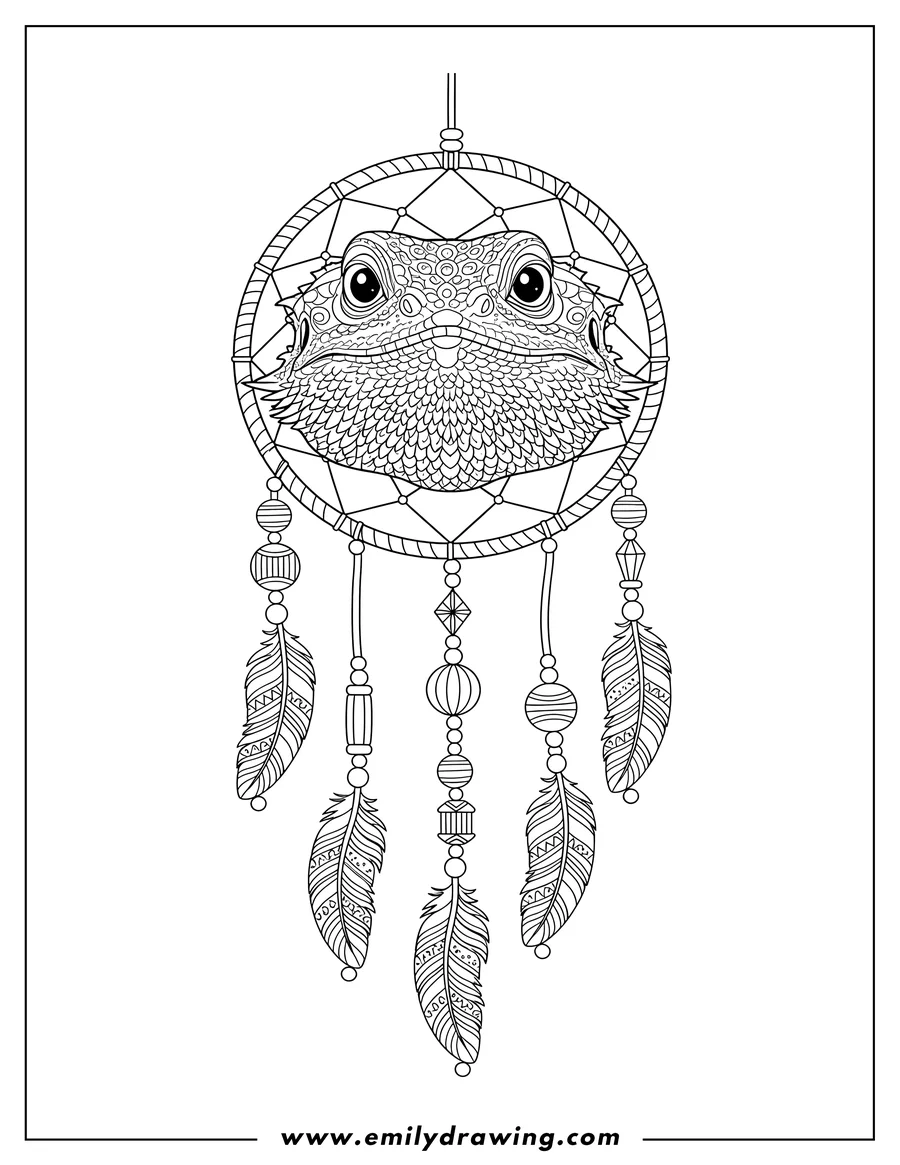 Black and white line art of scaly Bearded Dragon Dreamcatcher with dragon's head centered, hanging feathers, and beads