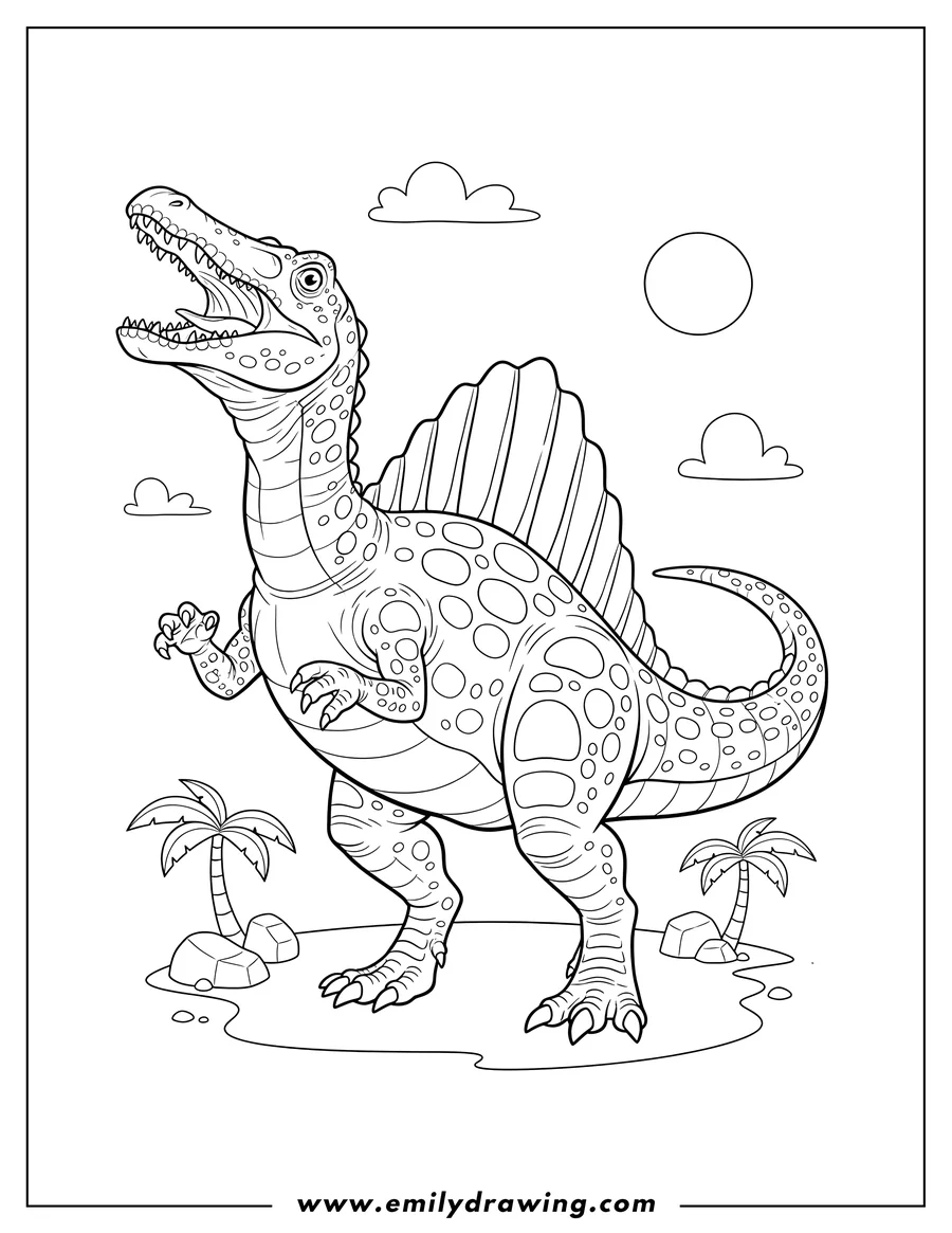 Coloring sheet featuring scaly Spinosaurus with a large back sail, looking up at the sky with its mouth open