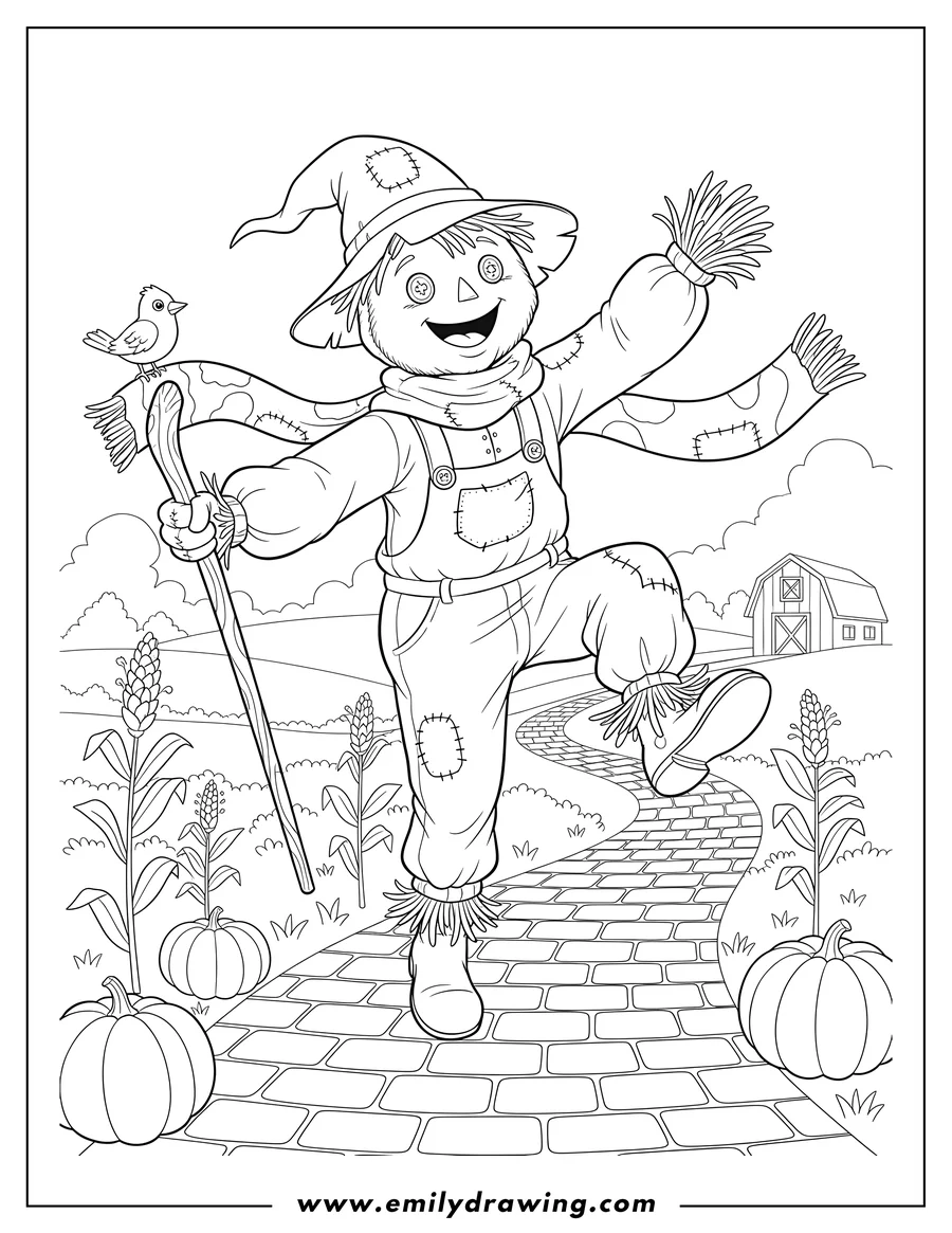 Downloadable coloring page of detailed Scarecrow Skipping On Golden Brick Road with one leg raised and a happy smile