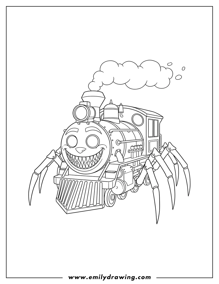 Printable line art of detailed Scary Choo Choo Charles, a spider-train with a wide, toothy grin