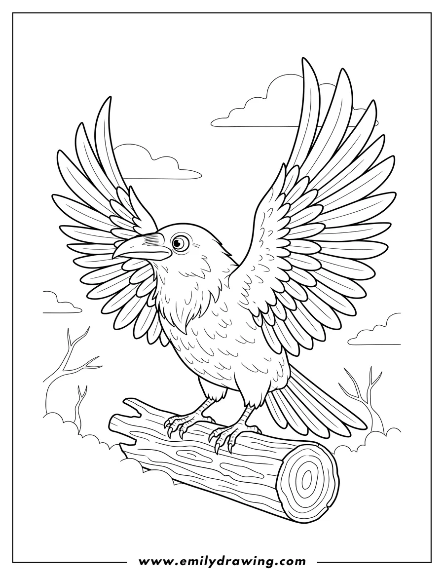 Coloring page of scary Raven Spreading Its Wings, standing on a log, and looking to the side
