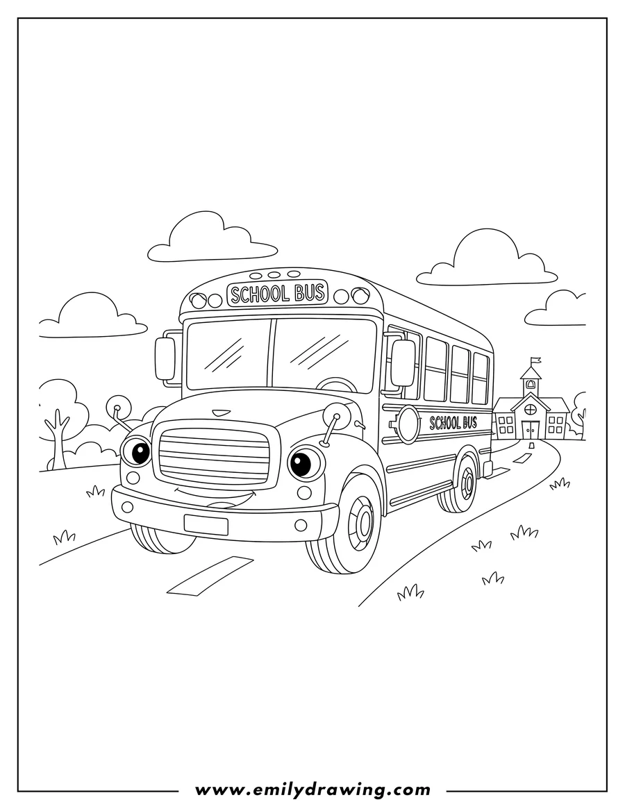 PDF style coloring page: detailed School Bus driving on a road