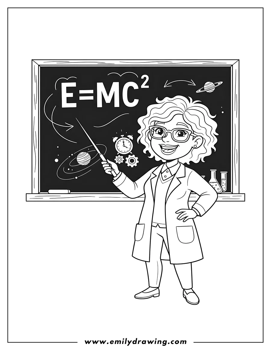 Outline drawing of science Professor Teaching Theory Relativity, pointing at E=MC^2 on a blackboard