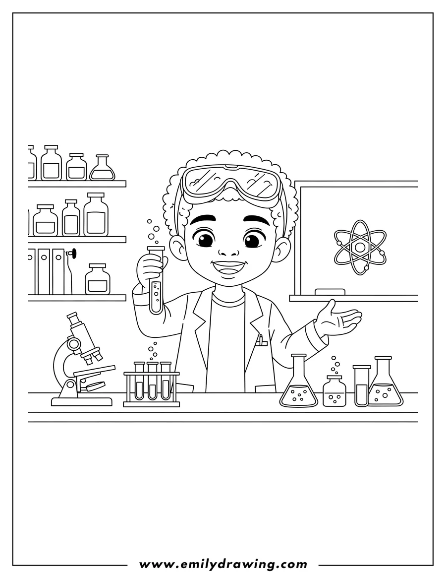 Free printable coloring sheet of scientist Black Boy wearing safety goggles and holding a test tube, doing experiments in a laboratory