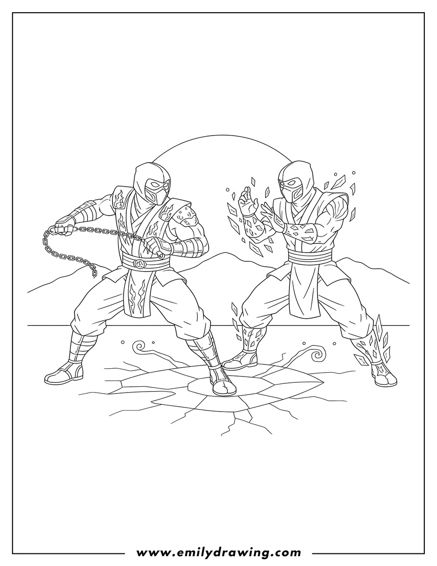 Black and white line art of mortal Kombat Fighters Battle: Scorpion and Sub-Zero facing off