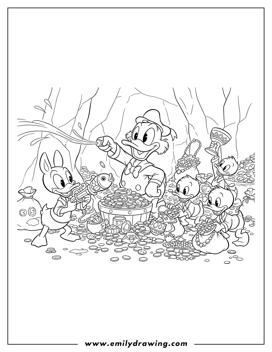 PDF style coloring page: duck Tales Scrooge McDuck, Webby Vanderquack firing a squirt gun, and the nephews collecting treasure