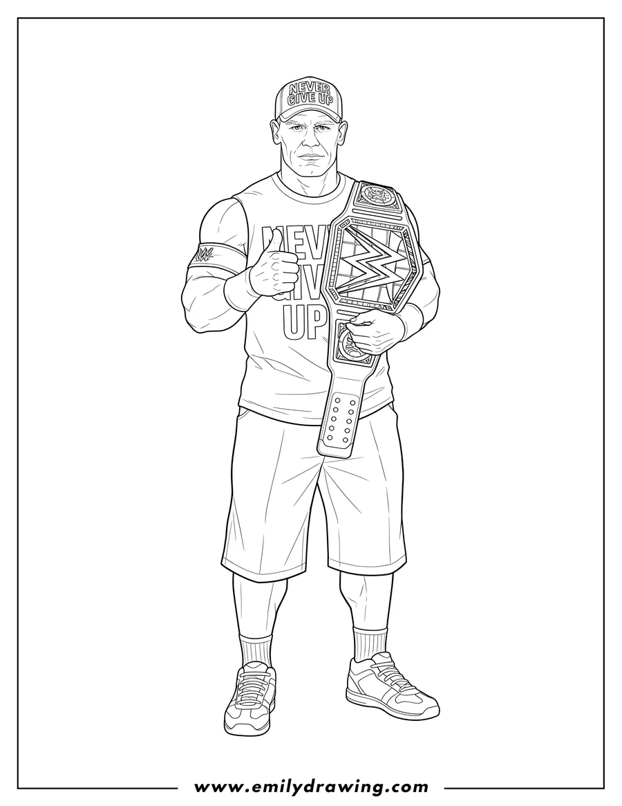 Downloadable coloring page of serious John Cena holding a WWE championship belt and giving a thumbs up, wearing a 'NEVER GIVE UP' cap