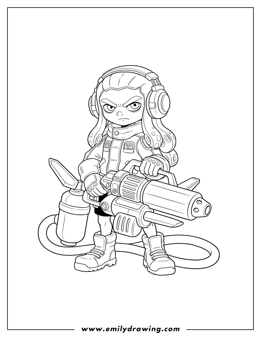 High quality printable serious Octoling Boy in headphones, holding inkjet with its tank on the ground for coloring
