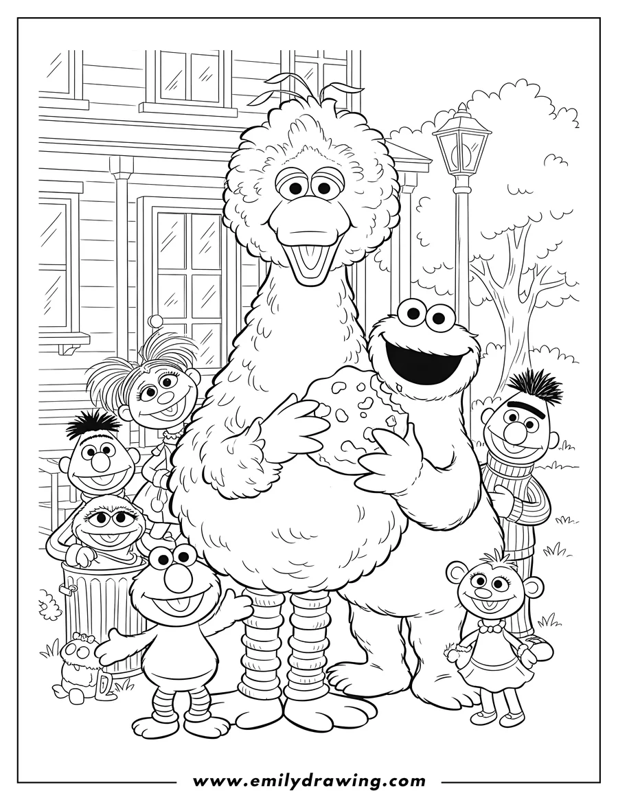 Printable coloring page of detailed Sesame Street Poster of Big Bird, Elmo, Cookie Monster, and other Sesame Street friends gathered together