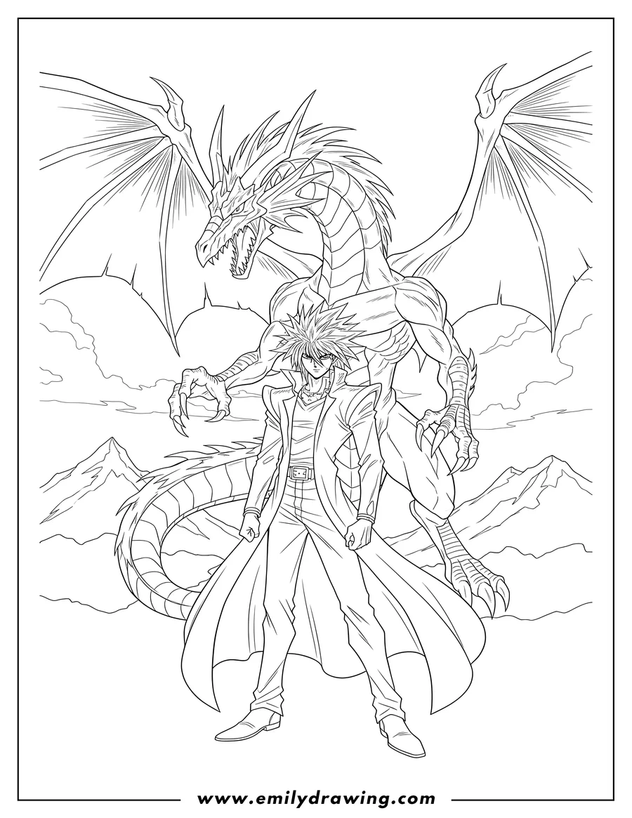 Free printable coloring sheet of seto Kaiba standing in his long coat, with a powerful dragon behind him