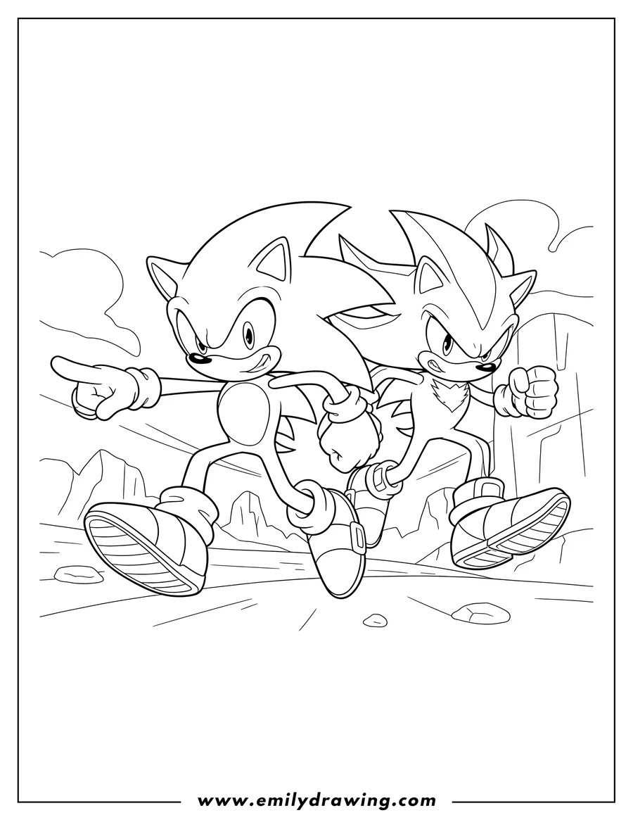 PDF style coloring page: shadow and Sonic the Hedgehogs in action, Sonic pointing and Shadow with an intense look