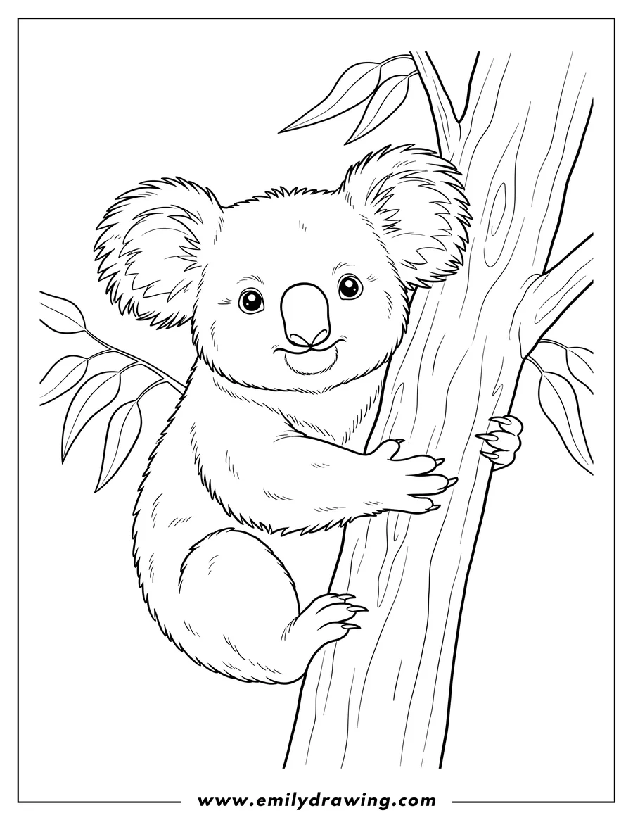 Coloring page of shaggy Koala hugging a tree trunk, looking forward