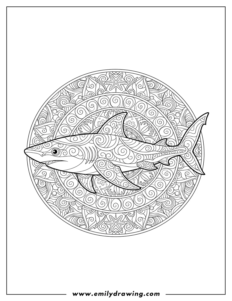 Black and white line art of shark