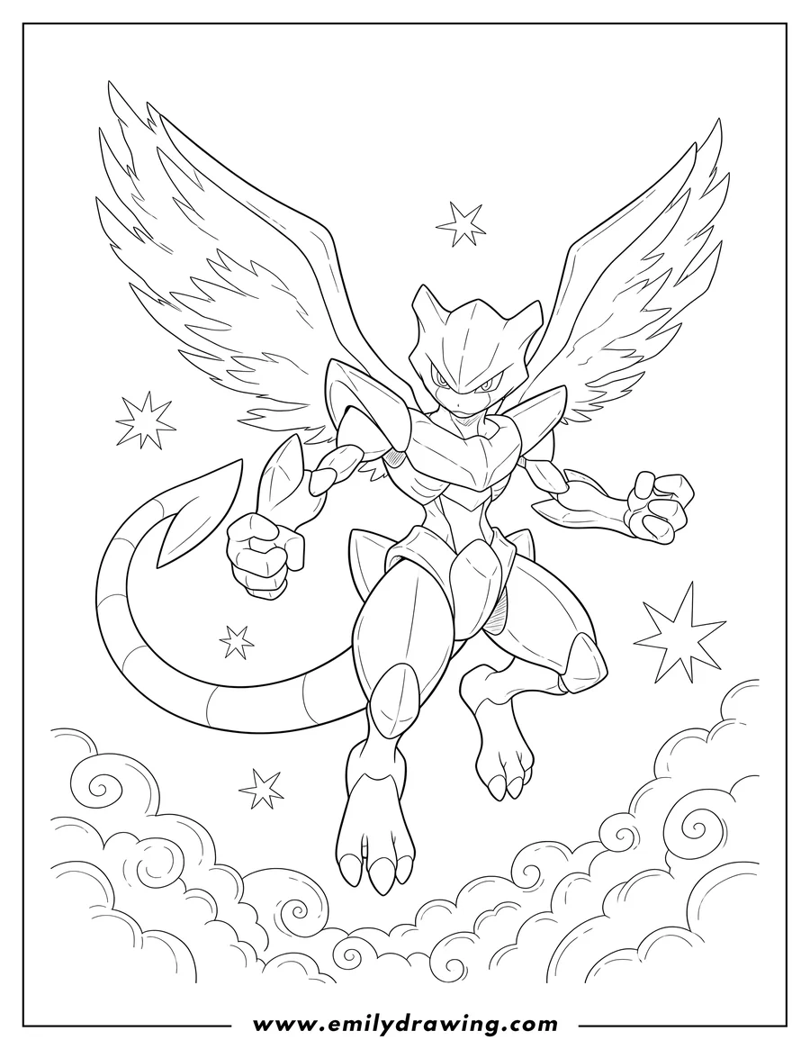 Black and white line art of detailed Shiny Mega Mewtwo flying