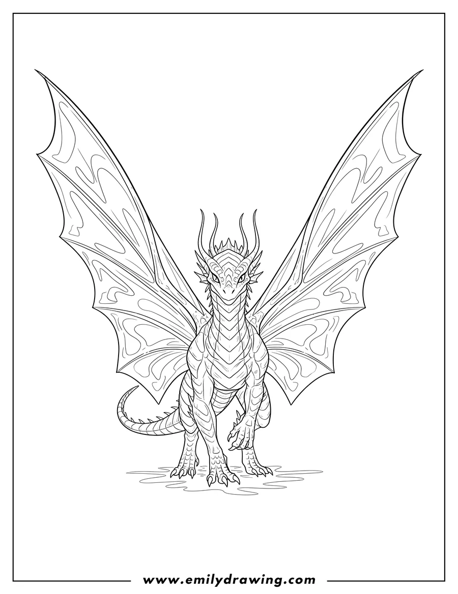 Clean line drawing: detailed Silkwing From Wings Fire walking with large, spread wings