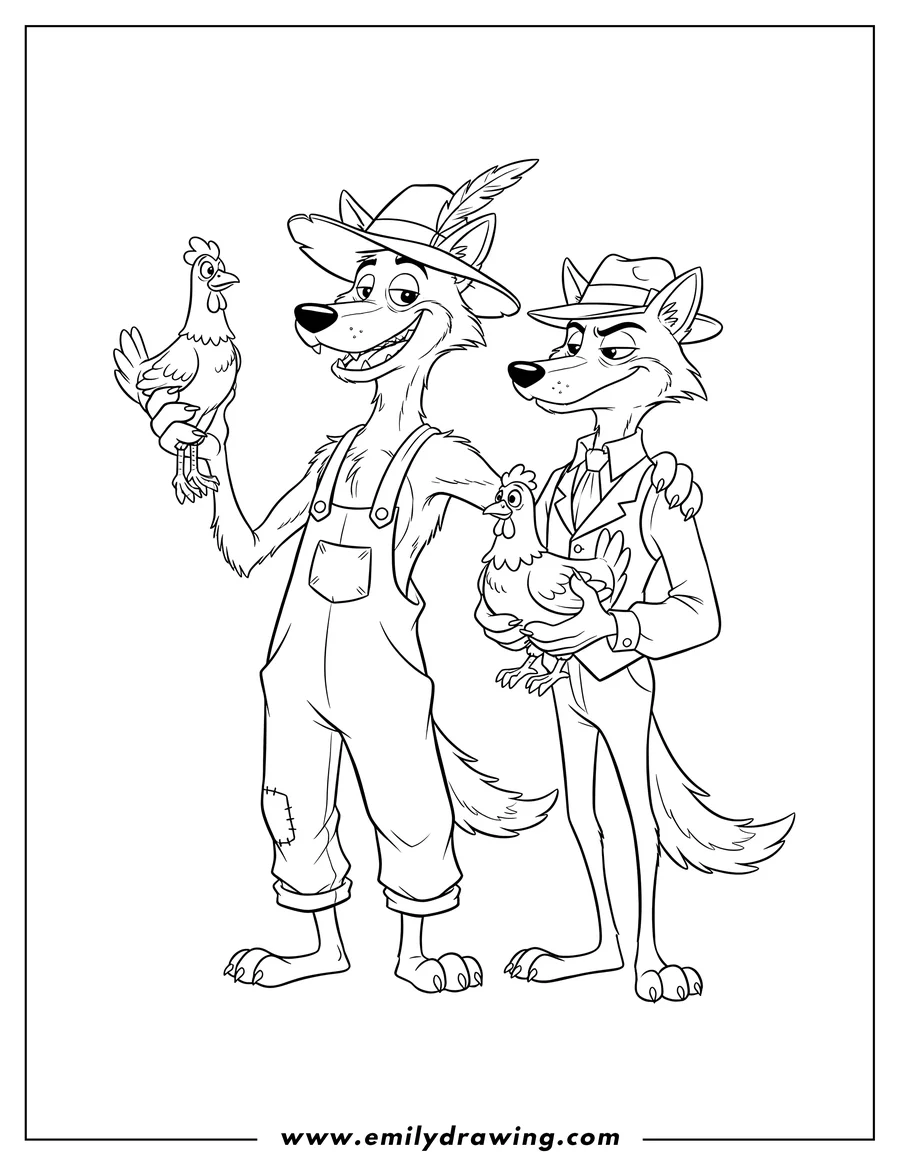 Downloadable coloring page of silly Wolf and Sly Wolf standing upright, with Silly Wolf's arm around Sly Wolf, who holds a chicken