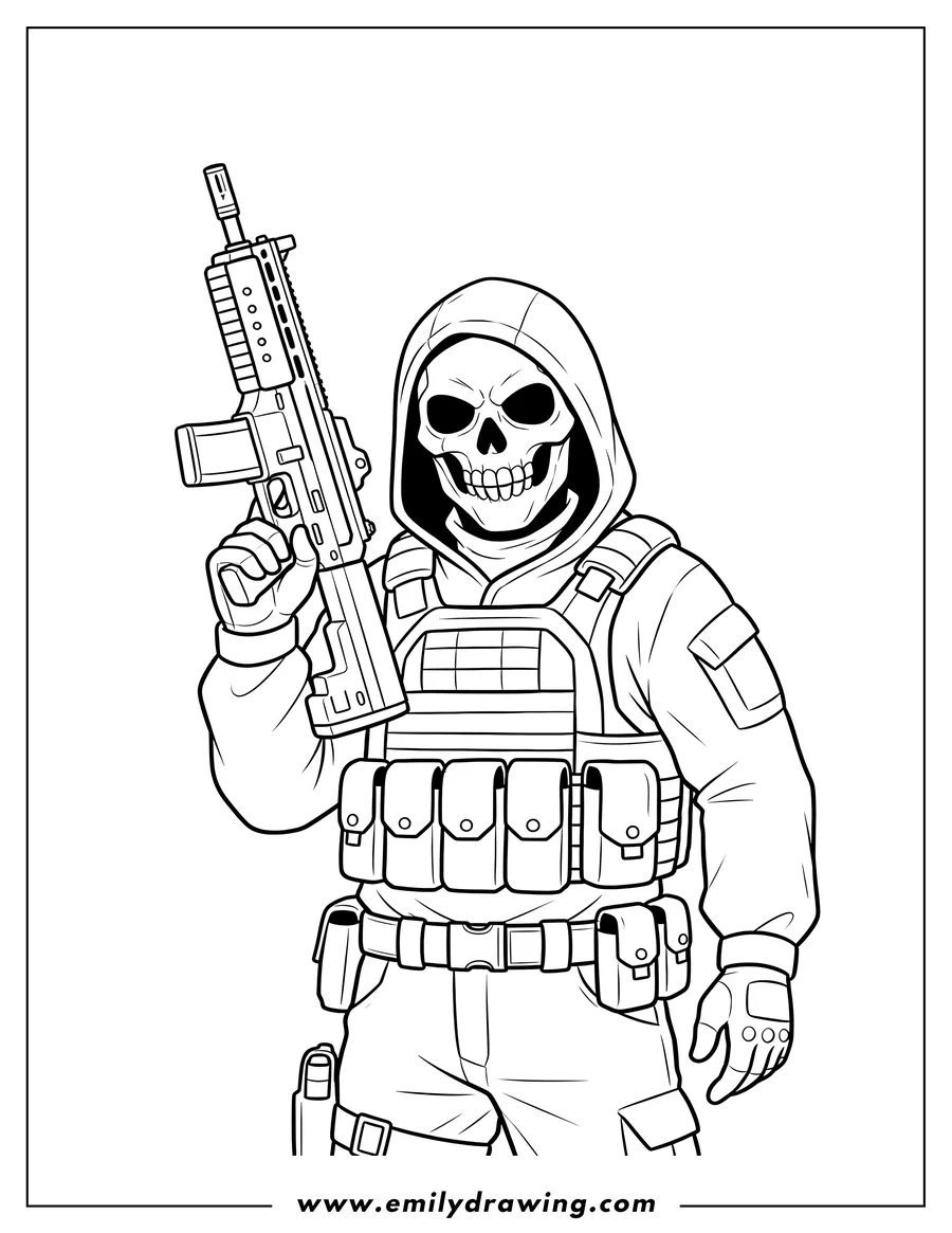 Printable line art of detailed Simon Ghost Riley holding a rifle