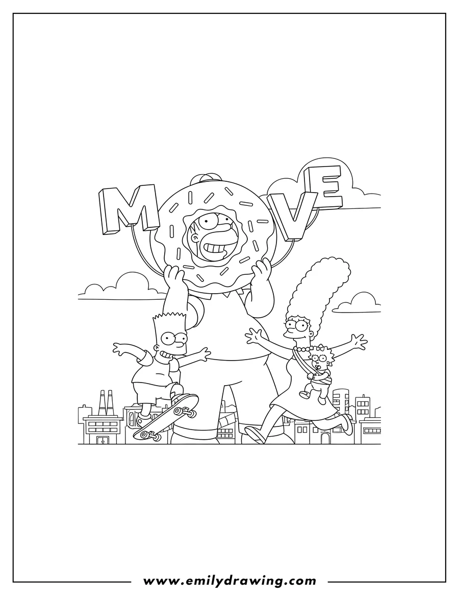 PDF style coloring page: simpsons Movie Poster with Homer holding a donut 'O' and movie letters, Bart on a skateboard, and Marge running with Maggie