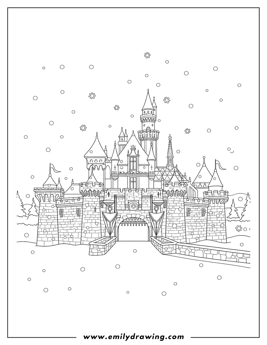 Coloring page of detailed Disneyland Sleeping Beauty Castle with falling snow