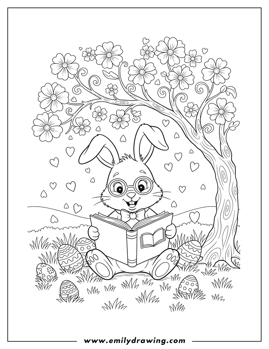 Coloring sheet featuring smart Easter Bunny sitting and reading a book under a flowering tree with falling petals and Easter eggs on the grass
