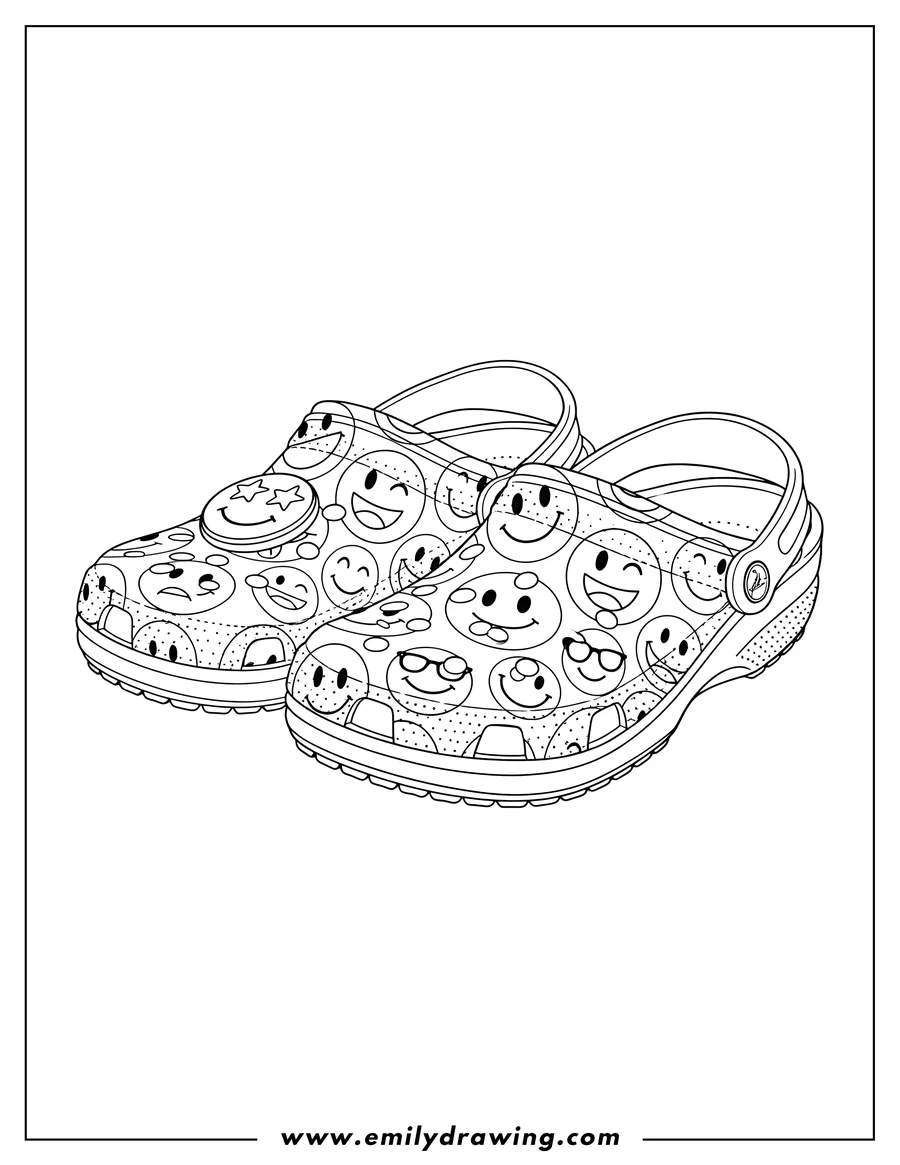 Printable coloring page of smiley World Crocs, two classic clogs patterned with happy faces, one featuring a star-eyed charm