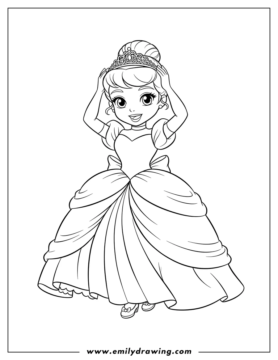 Black and white line art of chibi Cinderella Gown, smiling and posing with a tiara